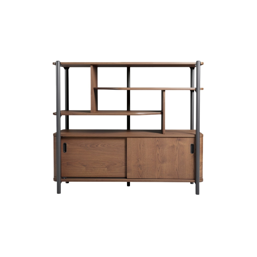 **Technische titel in het Nederlands: "Moderne houten boekenkast met metalen accenten en open schappen"**